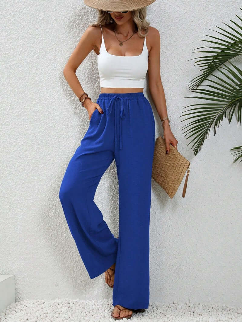 Linen Pants Women High Drawstring | Wide Leg in a Bright Cobalt – Blue #colour_blue