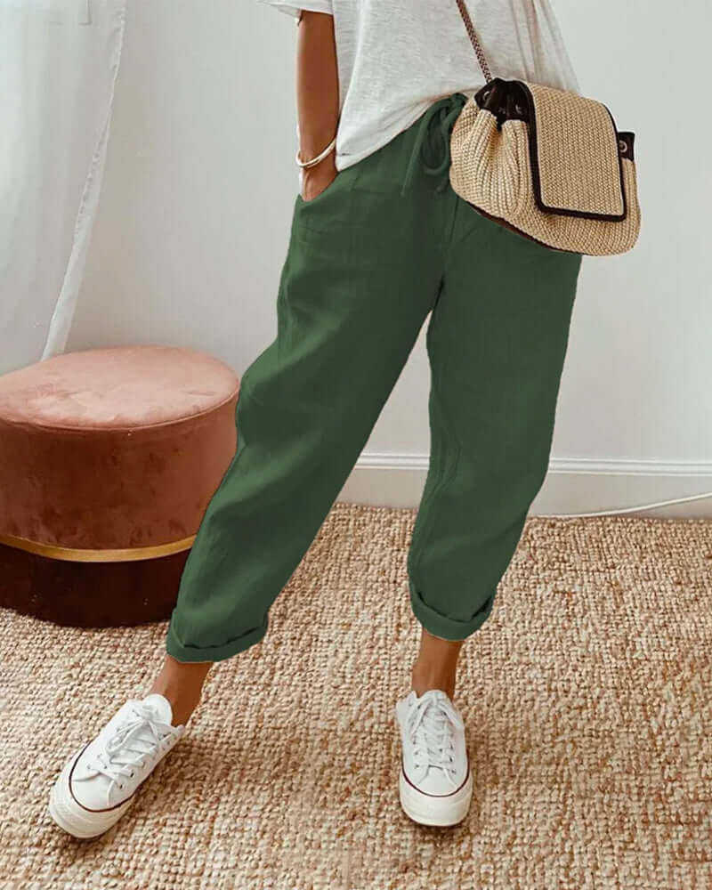 Linen Pants Women Drawstring Waist | Tapered Leg and a Folded Cuff – Green #colour_green