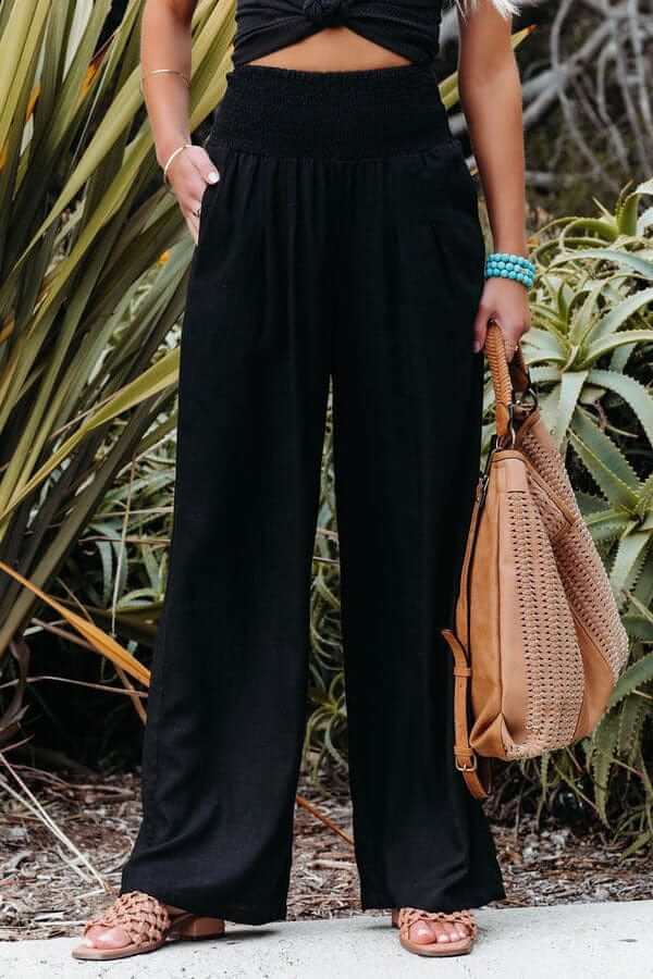 Linen Pants Women Smocked Waistband | Cotton Blend with Straight Leg – Black #colour_black