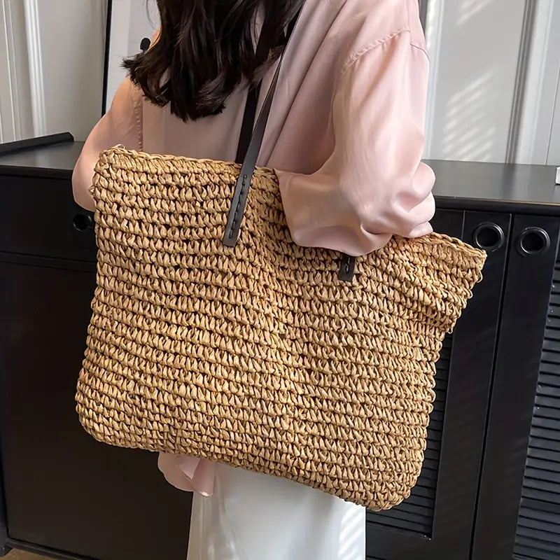 Tote Bag Women Chunky Woven Straw | Leather Strap Summer Carry in Khaki#colour_khaki