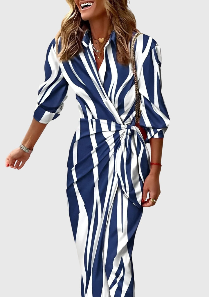 Wrap Dress Women Geometric Print Midi | Blouson Sleeves and Side Tie in Blue#colour_blue