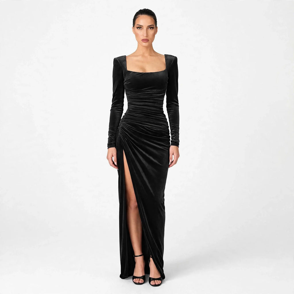 Black Formal Dresses Women with Velvet Texture in Black#colour_black