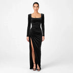 Black Formal Dresses Women with Velvet Texture in Black#colour_black