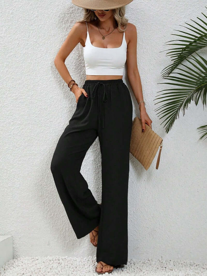 Linen Pants Women High Drawstring | Wide Leg in a Bright Cobalt – Black #colour_black