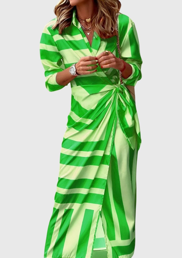 Wrap Dress Women Geometric Print Midi | Blouson Sleeves and Side Tie in Green#colour_green