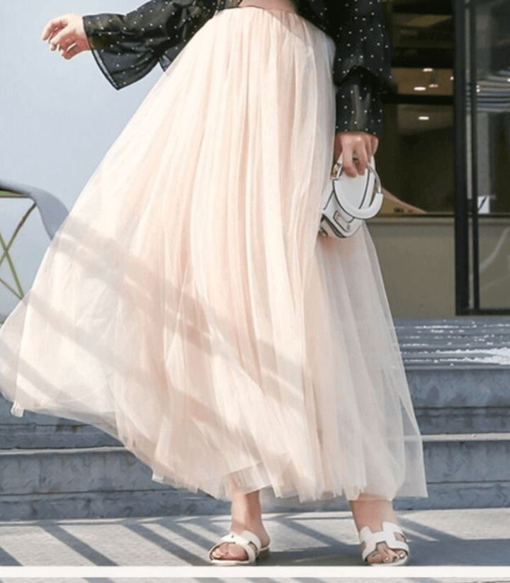 Skirt Women Ankle Length Tulle | Flowing High Waist in Beige#colour_beige