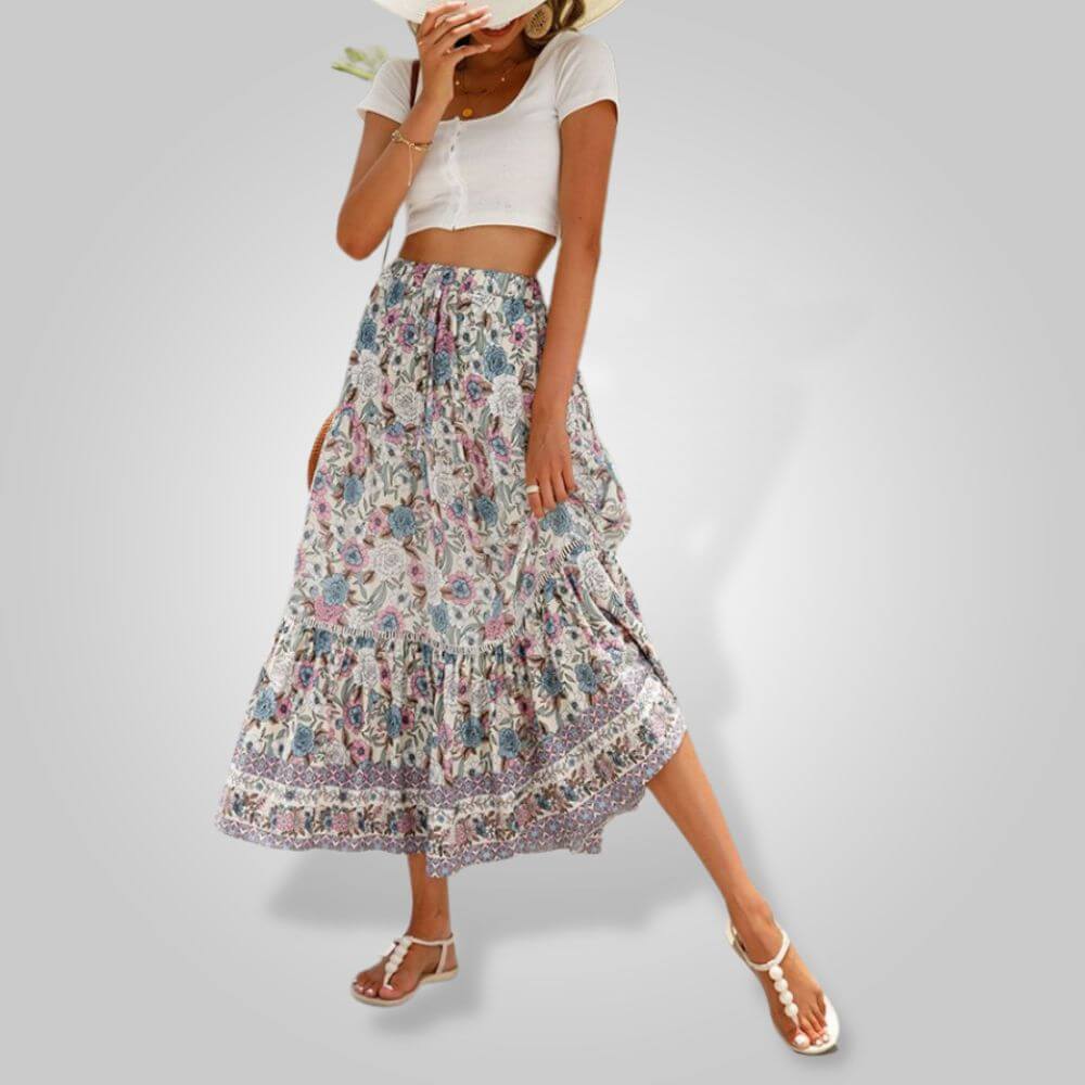 Maxi Skirt Women Paisley Print | Tiered Cut with Ruffled Hem – Beige #colour_beige
