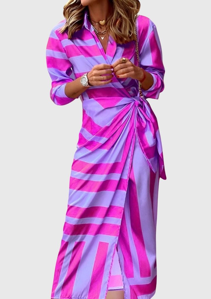 Wrap Dress Women Geometric Print Midi | Blouson Sleeves and Side Tie in Purple#colour_purple