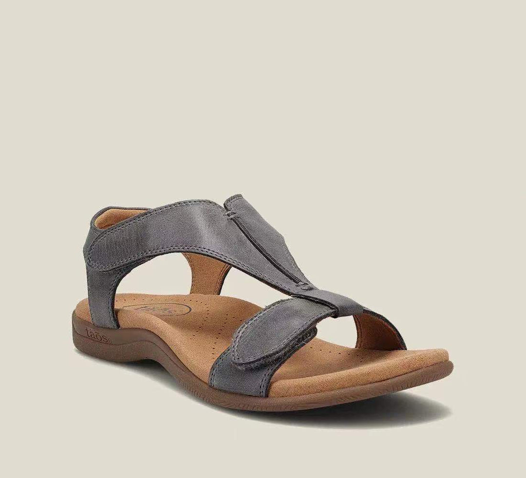 Leather Sandals Women T Strap | Soft Arch Support Footbed – Grey #colour_grey