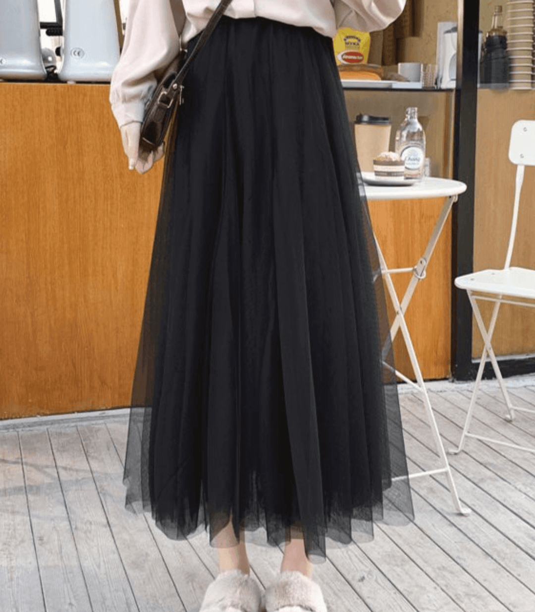 Skirt Women Ankle Length Tulle | Flowing High Waist in Black#colour_black