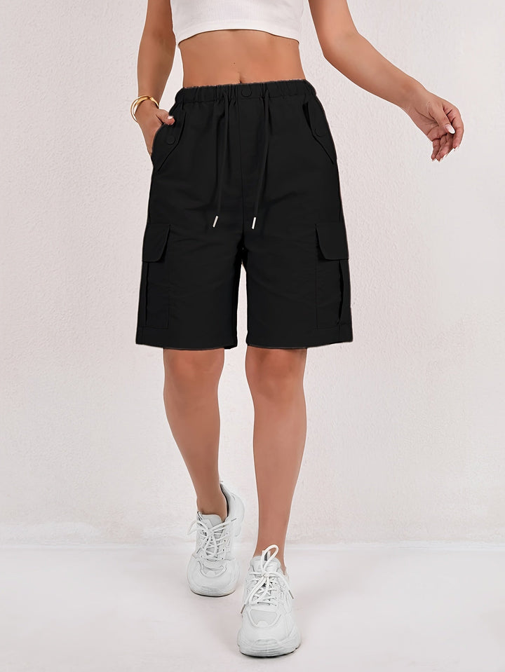 Shorts Cargo Bermuda Women | Utility Pockets Elastic Waist in Black#colour_black