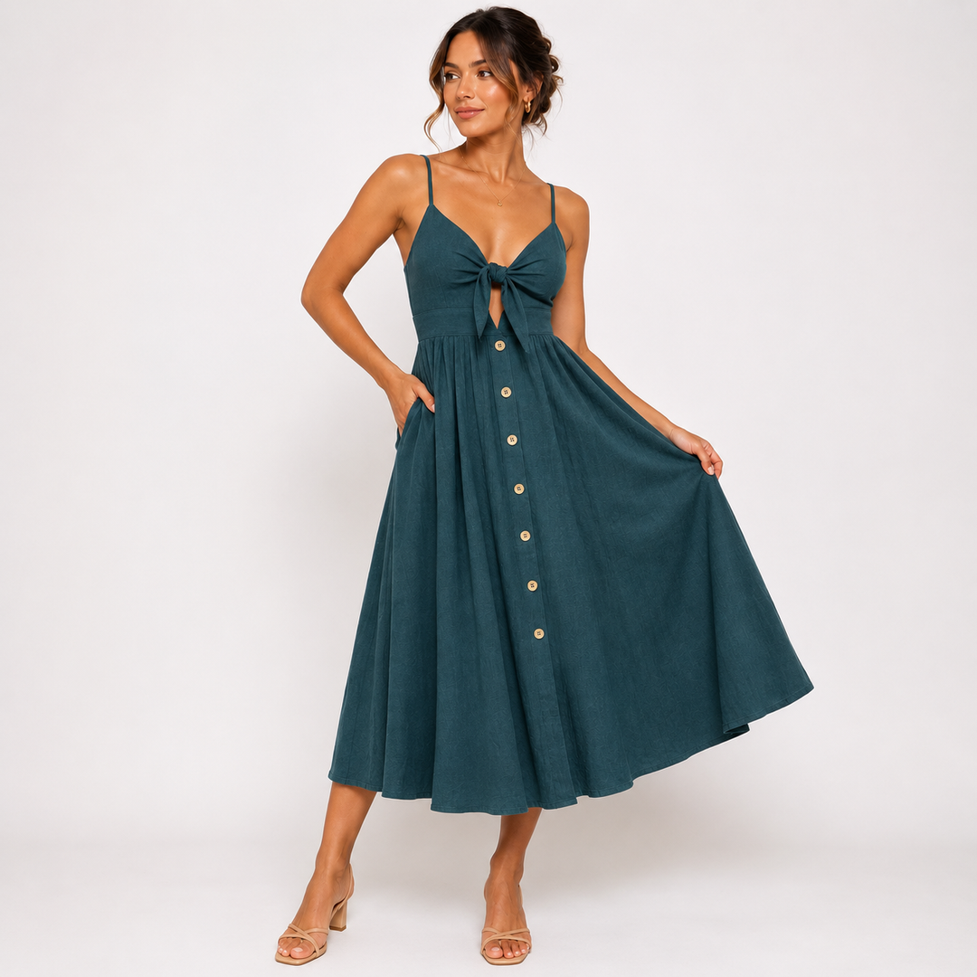Summer Dress Women Midi Length | Knotted Bow Bust and Wooden Buttons in Turquoise#colour_turquoise