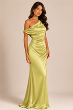 Slip Dress Women with Asymmetric Line in Chartreuse#colour_chartreuse