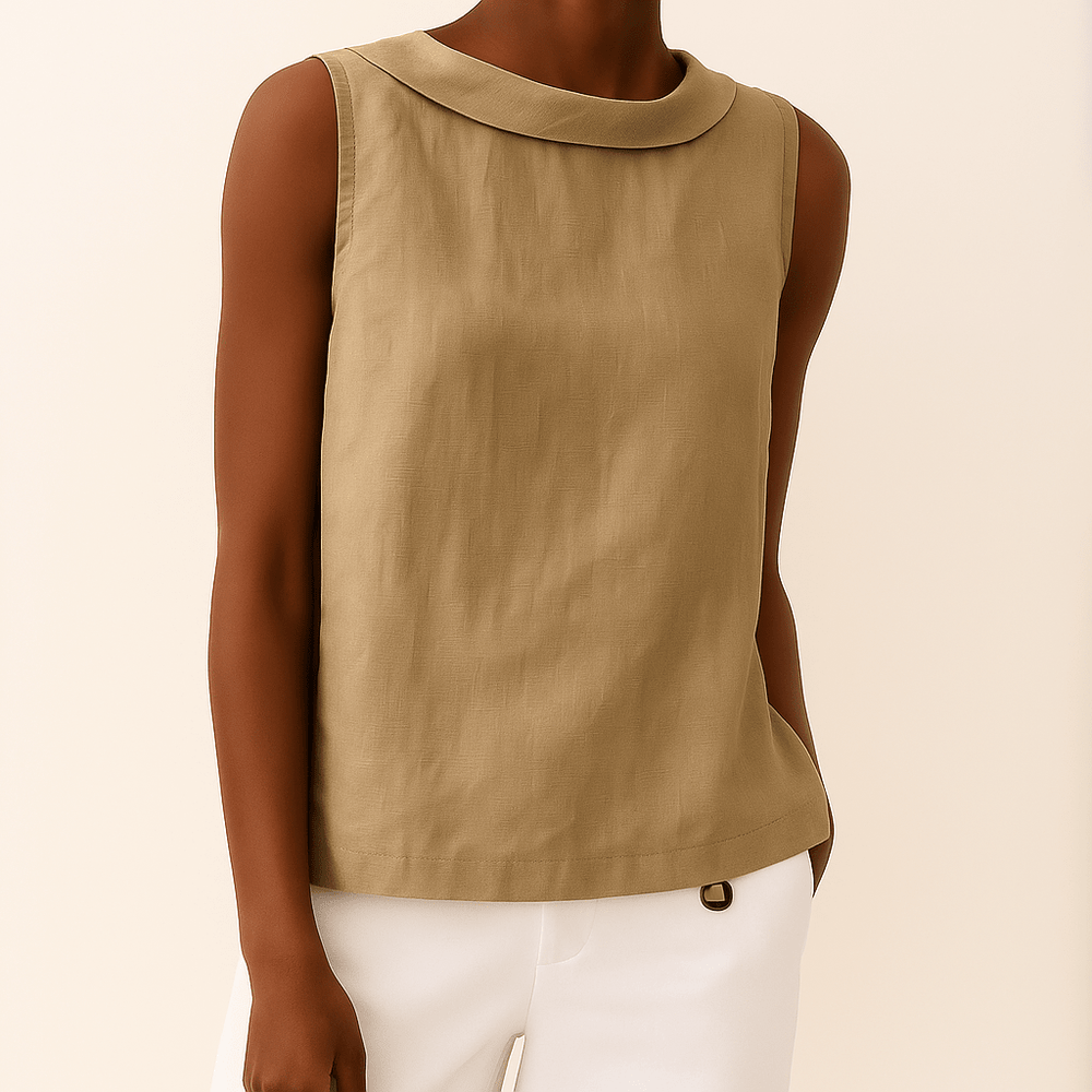 Top Women Sleeveless Roll Collar | Washed Linen Boxy Shell in Beige#colour_beige