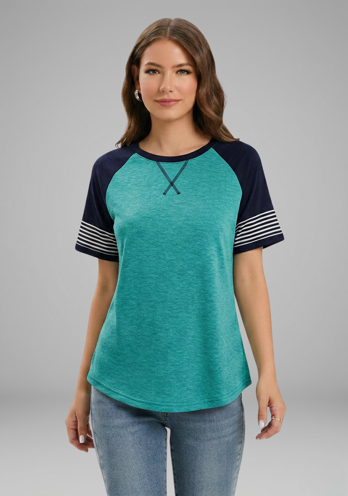 Tee Women Raglan Sleeve | Relaxed Striped Cuff in Turquoise#colour_turquoise