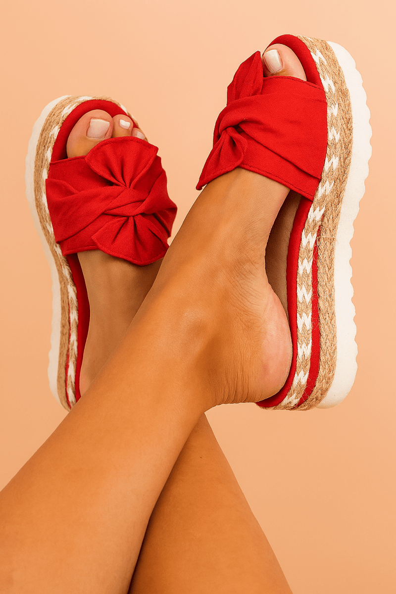 Slide Sandals Women Knotted Bow Upper | Jute Wrapped Flatform Sole in Red#colour_red