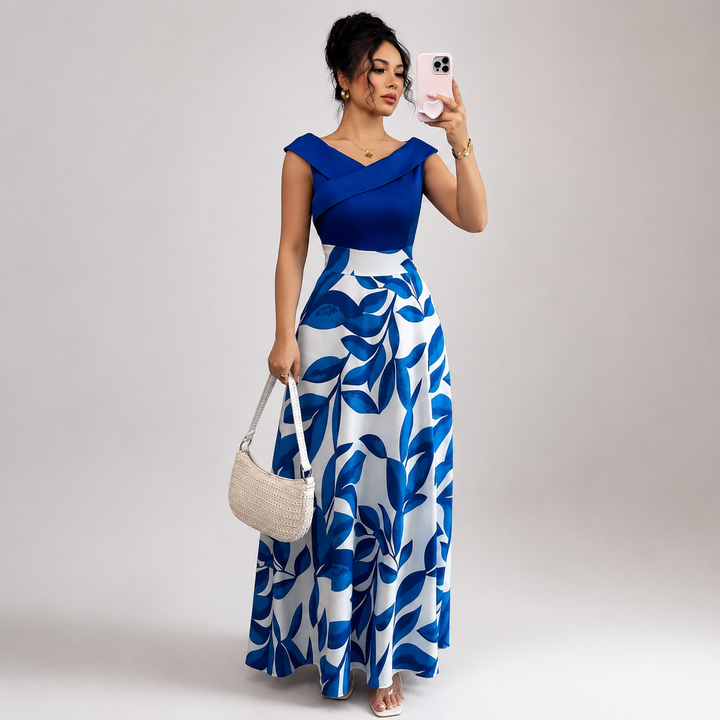 Maxi Dress Printed V neck | Short Sleeves Bold Abstract Pattern in Blue#colour_blue