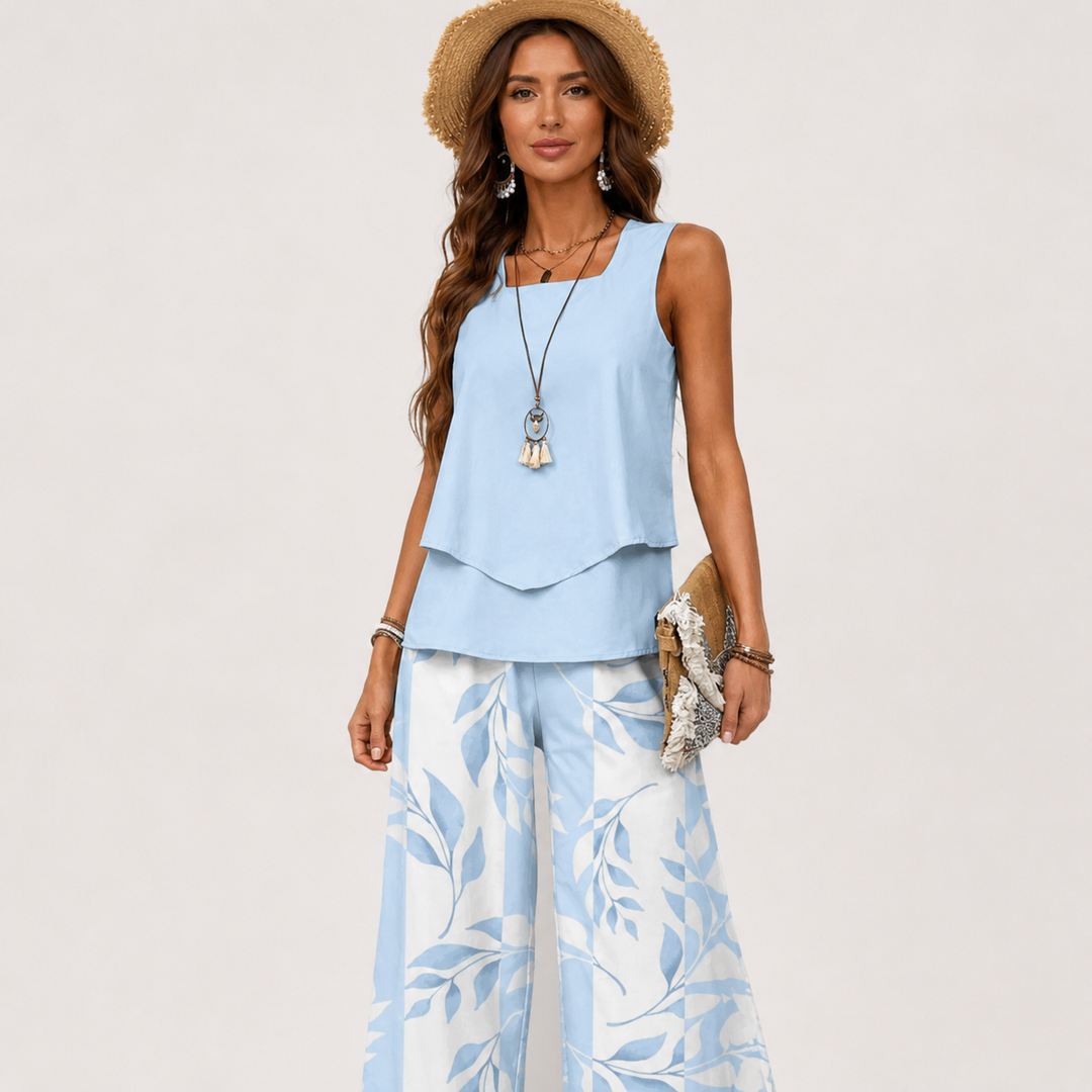Pants Sleeveless Top | Matching Floral Print Wide Leg Trousers in Blue#colour_blue