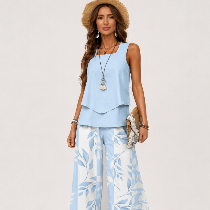 Pants Sleeveless Top | Matching Floral Print Wide Leg Trousers in Blue#colour_blue