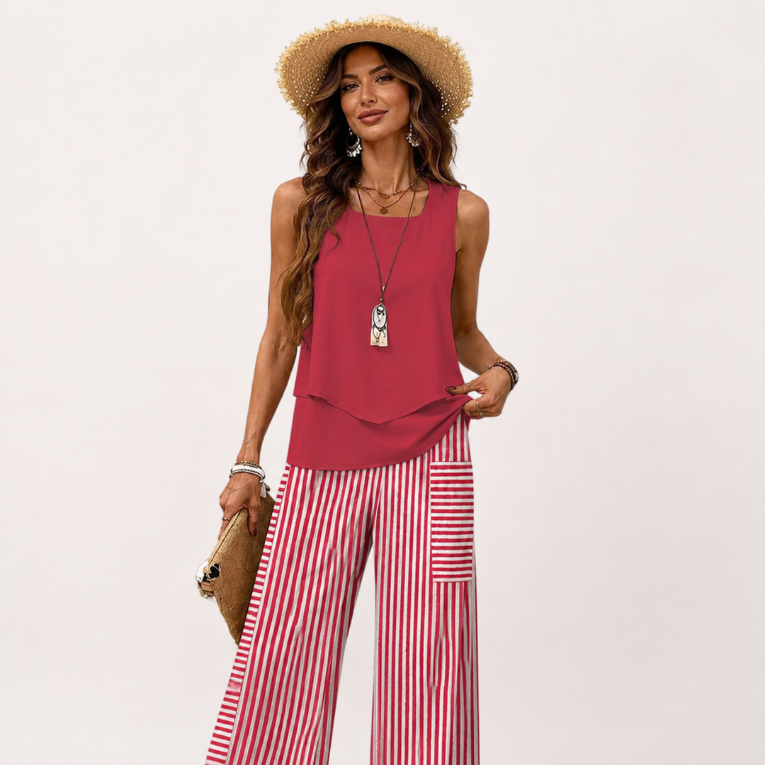 Pants Sleeveless Top | Matching Floral Print Wide Leg Trousers in Red#colour_red