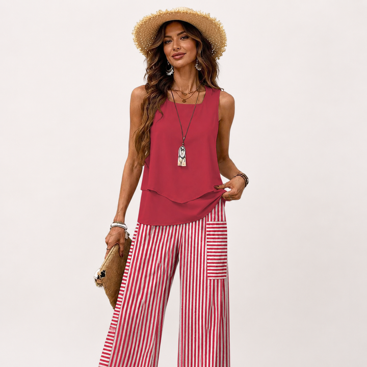 Pants Sleeveless Top | Matching Floral Print Wide Leg Trousers in Red#colour_red