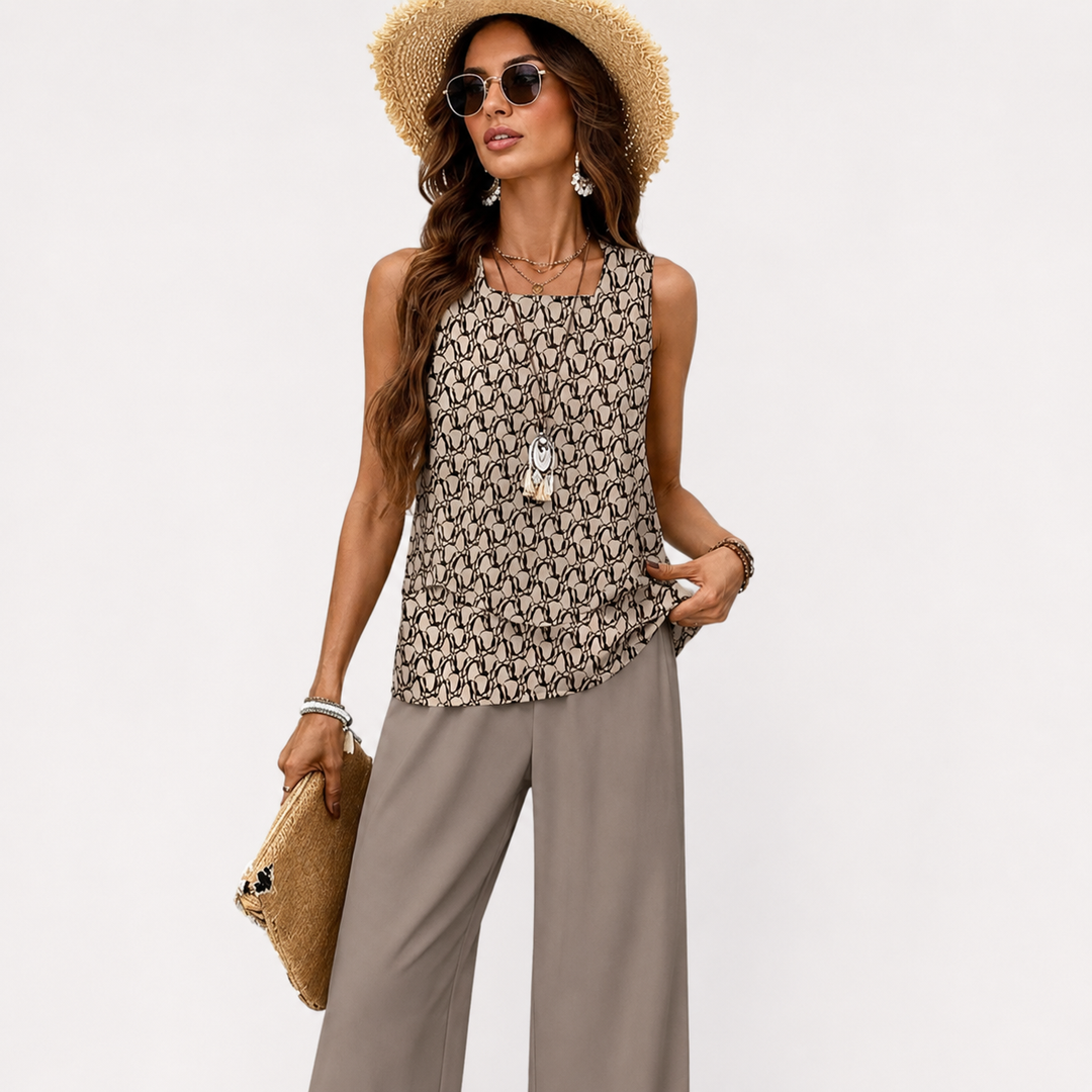 Pants Sleeveless Top | Matching Floral Print Wide Leg Trousers in Brown#colour_brown