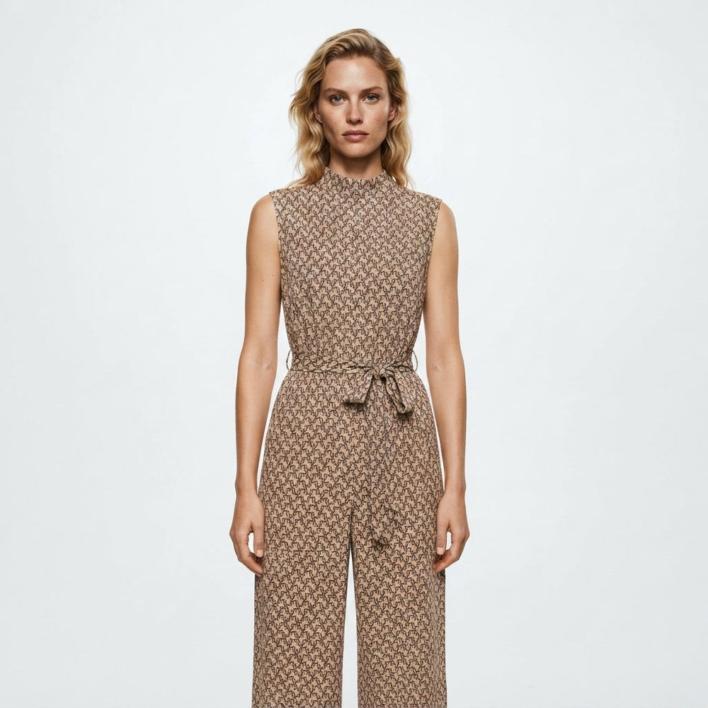 Jumpsuit Printed Wide Leg | High Neckline Sleeveless Cut Tie Waist in Brown#colour_brown