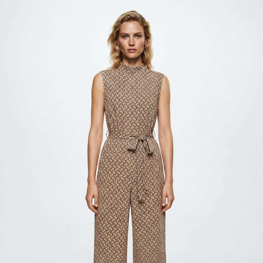 Jumpsuit Printed Wide Leg | High Neckline Sleeveless Cut Tie Waist in Brown#colour_brown