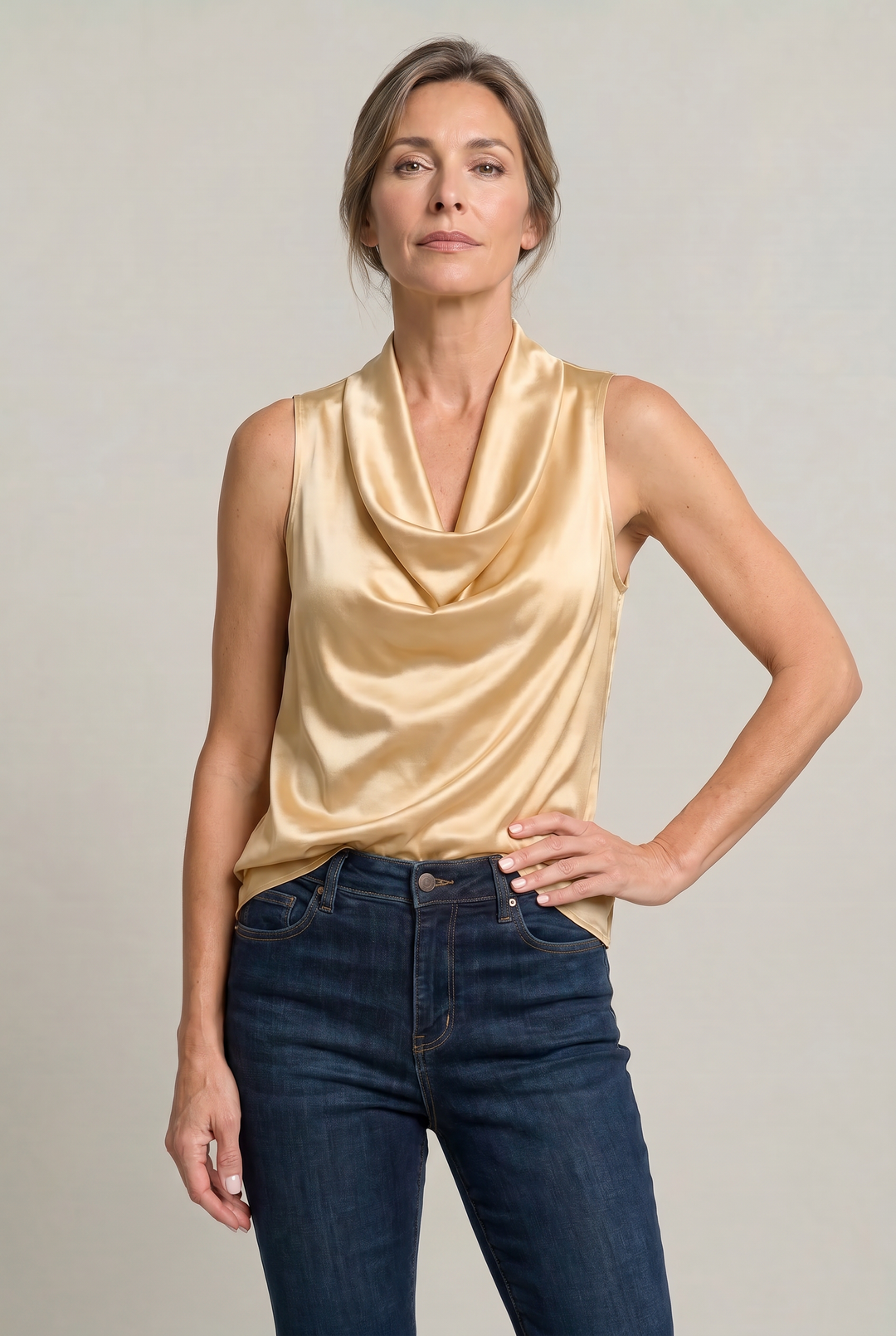 Top Women Cowl Neck Satin | Sleeveless Bias Cut Camisole in Gold#colour_gold