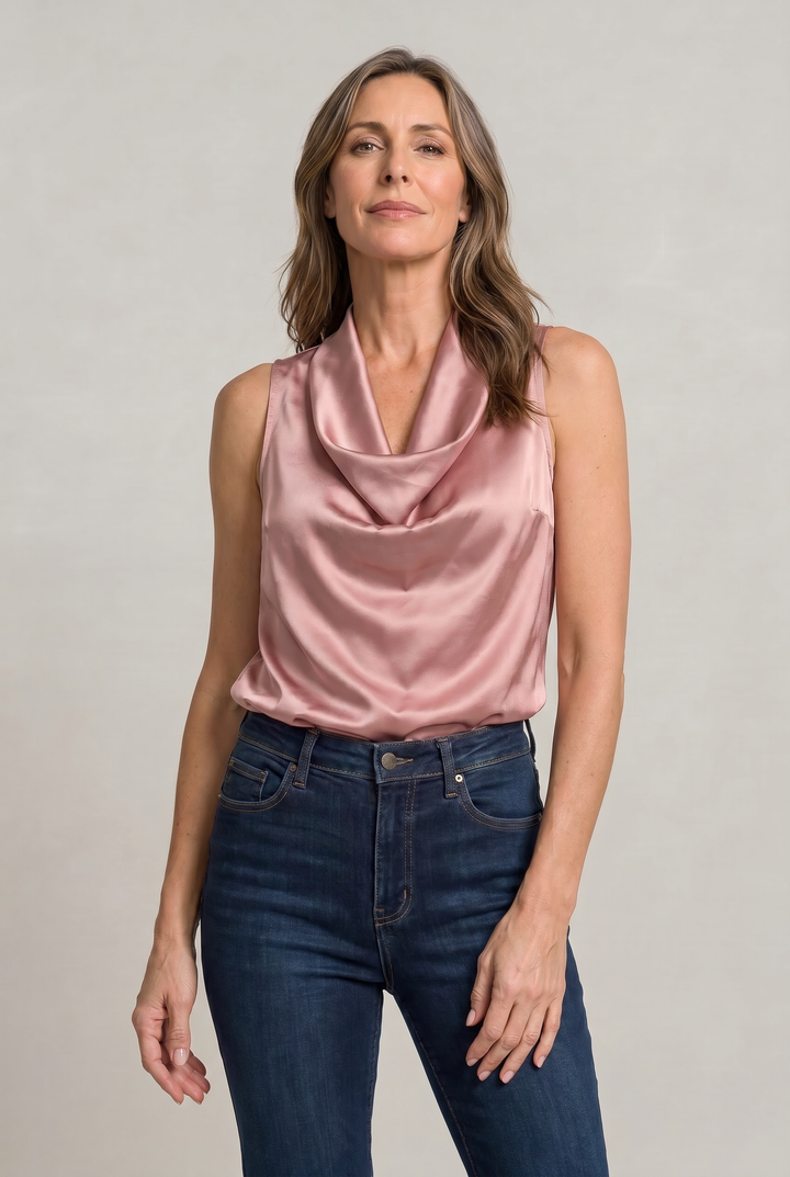 Top Women Cowl Neck Satin | Sleeveless Bias Cut Camisole in Pink#colour_pink