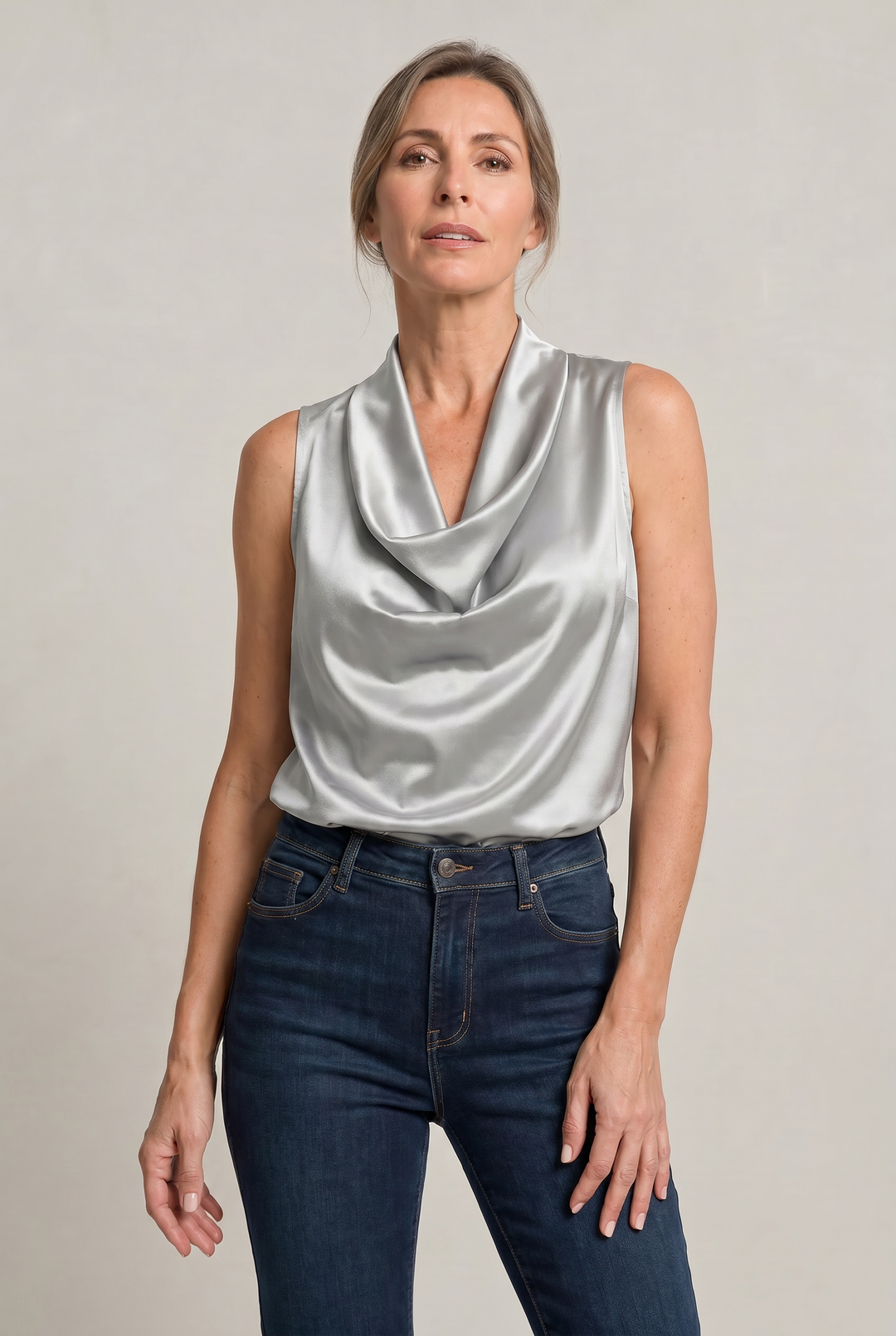 Top Women Cowl Neck Satin | Sleeveless Bias Cut Camisole in Silver#colour_silver
