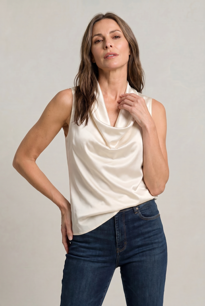 Top Women Cowl Neck Satin | Sleeveless Bias Cut Camisole in White#colour_white
