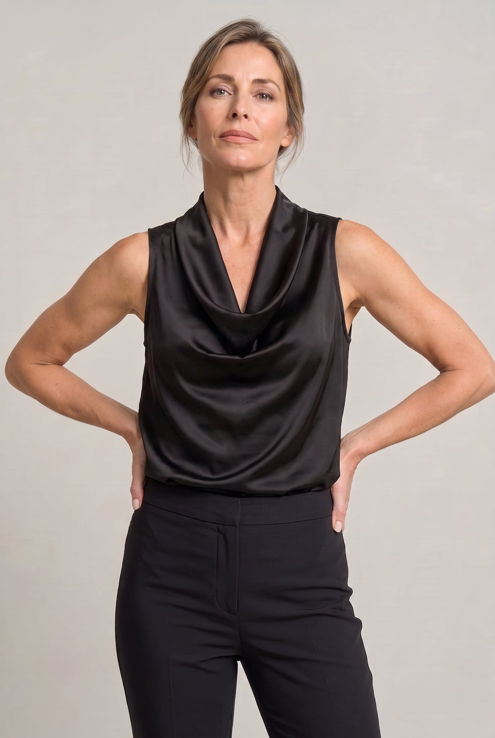 Top Women Cowl Neck Satin | Sleeveless Bias Cut Camisole in Black#colour_black