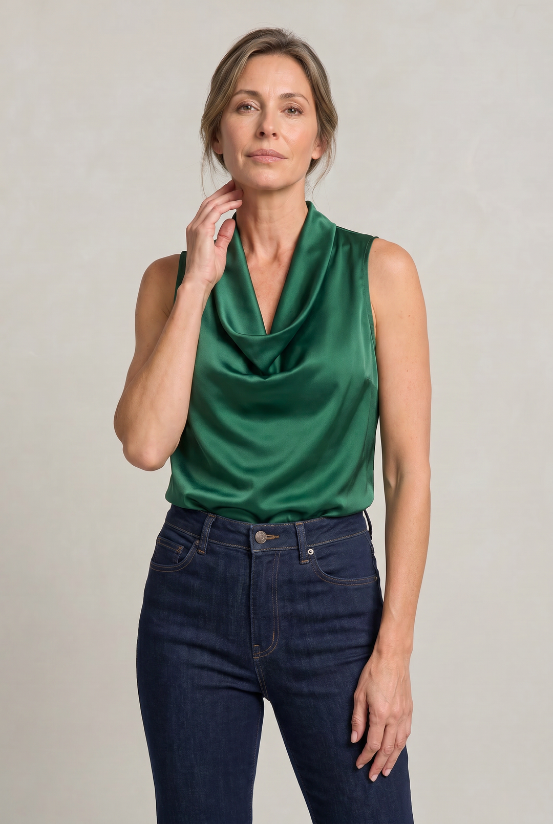 Top Women Cowl Neck Satin | Sleeveless Bias Cut Camisole in Green#colour_green