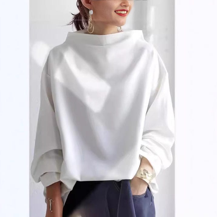 Top Women High Neck Long Sleeve | Draped Mock Collar and Dropped Shoulder in White#colour_white