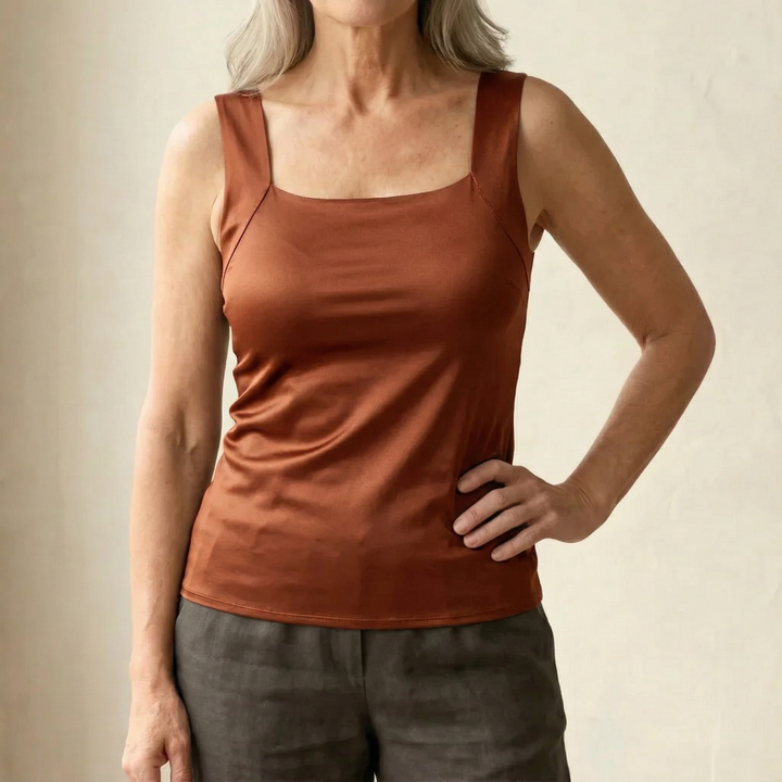 Singlet Women Built In Shelf Bra | Square Neck Ribbed Cotton in Chocolate#colour_chocolate