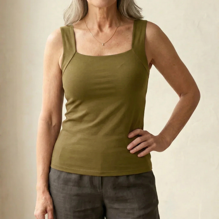 Singlet Women Built In Shelf Bra | Square Neck Ribbed Cotton in Green#colour_green
