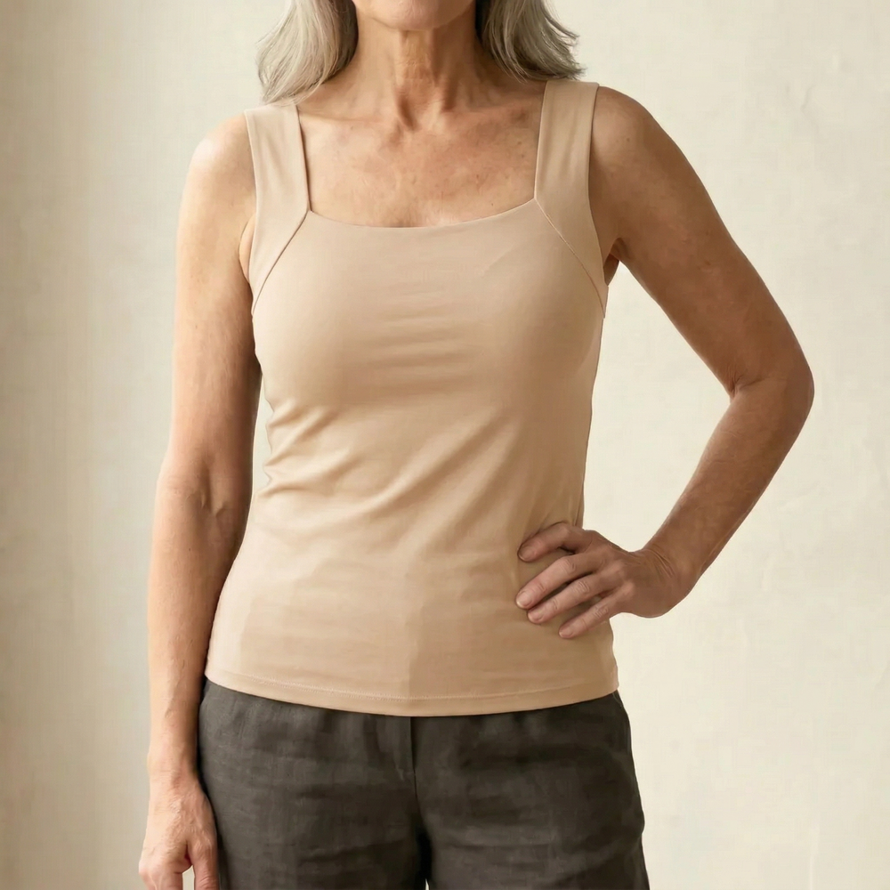 Singlet Women Built In Shelf Bra | Square Neck Ribbed Cotton in Beige#colour_beige