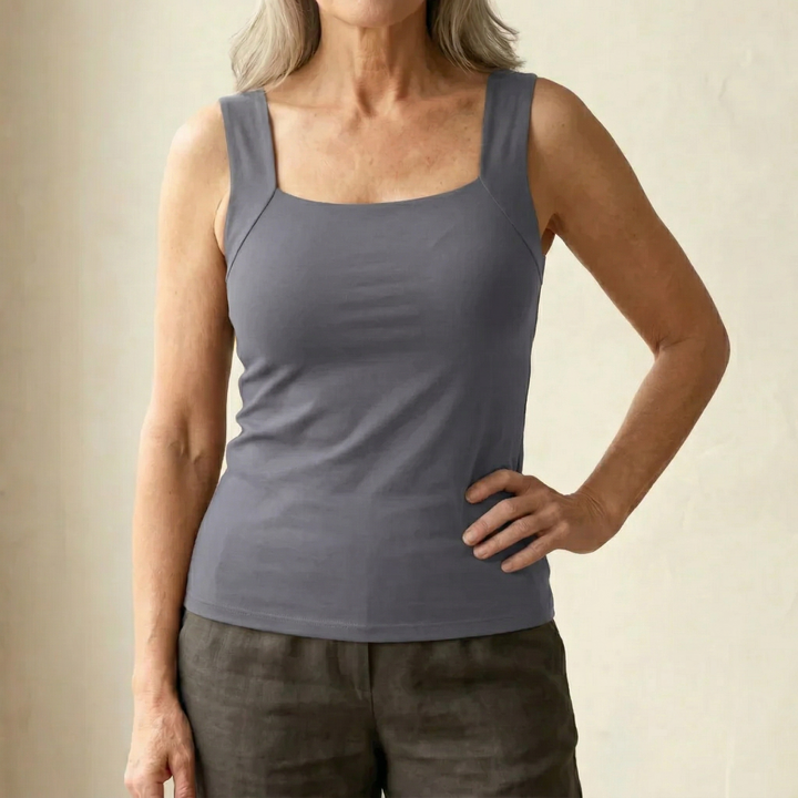 Singlet Women Built In Shelf Bra | Square Neck Ribbed Cotton in Taupe#colour_taupe