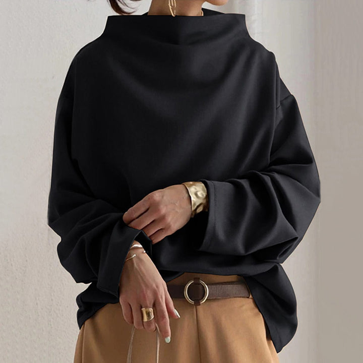 Top Women High Neck Long Sleeve | Draped Mock Collar and Dropped Shoulder in Black#colour_black