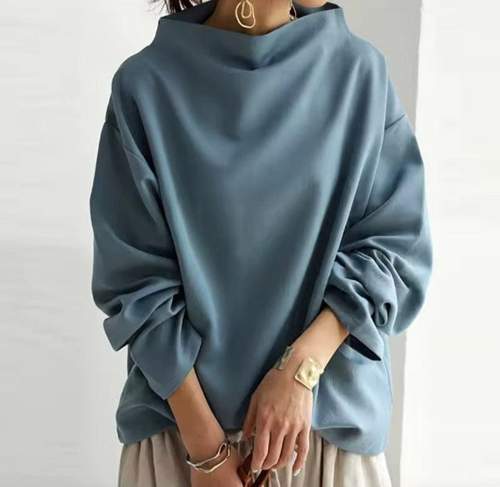 Top Women High Neck Long Sleeve | Draped Mock Collar and Dropped Shoulder in Blue#colour_blue
