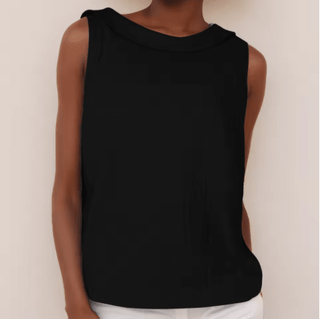 Top Women Sleeveless Roll Collar | Washed Linen Boxy Shell in Black#colour_black