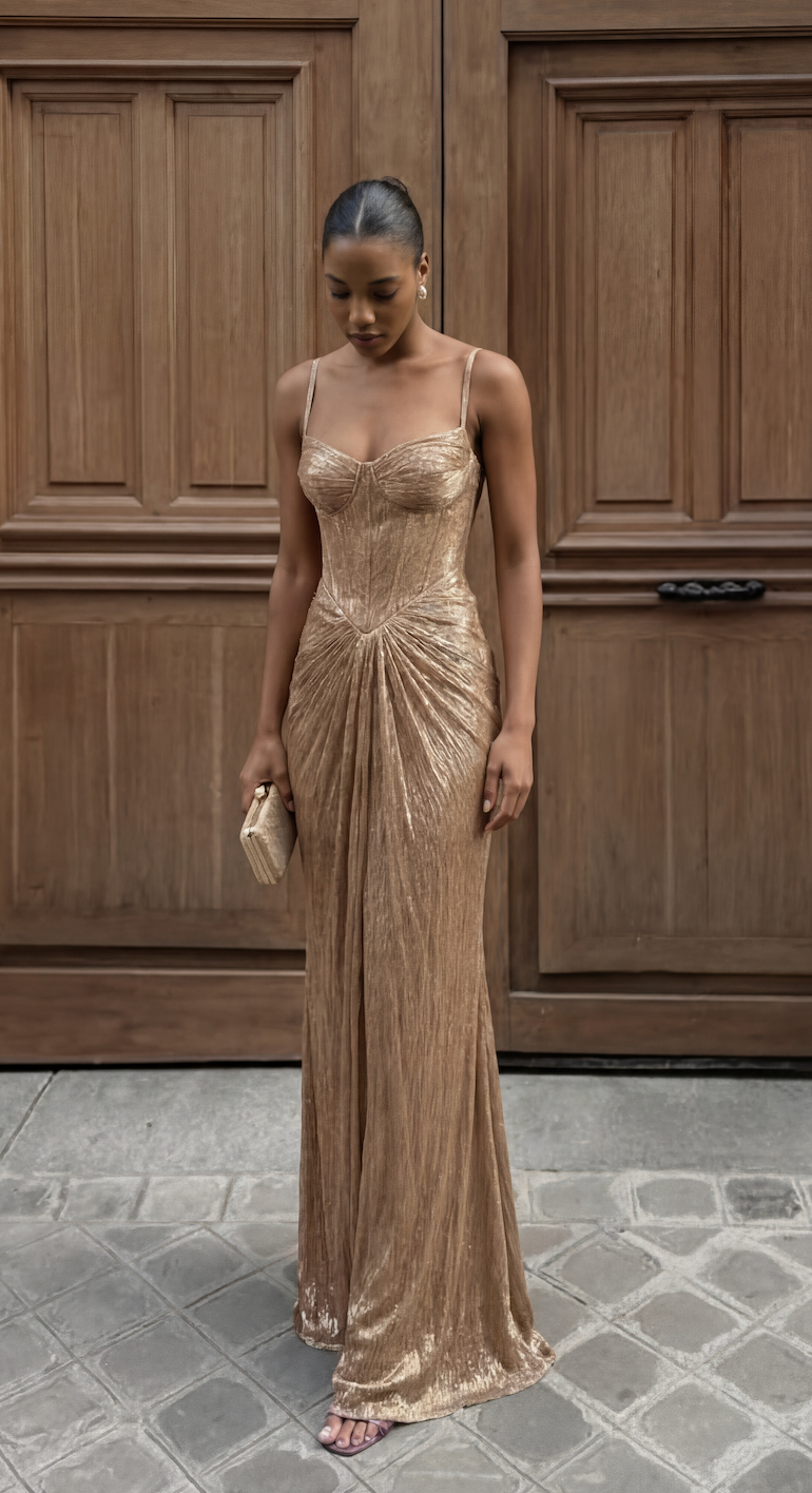 Corset Top Strapless Metallic Maxi Gown | Draped Detailing in Gold#colour_gold