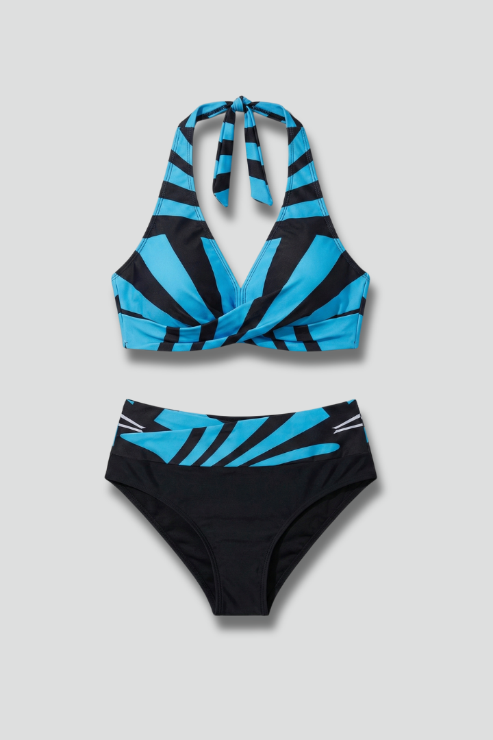 Bikini Halter Neck Set | High Waisted Bottom Bold Graphic Print in White#colour_white