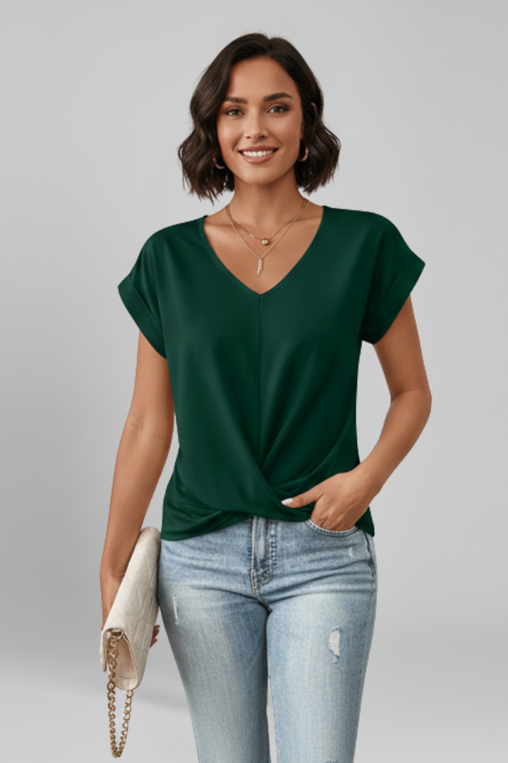 Tee Women V Neck Twist Front | Draped Cap Sleeve in Green#colour_green