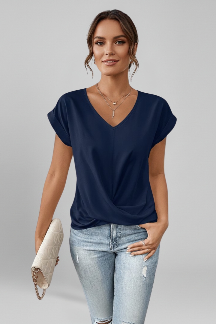 Tee Women V Neck Twist Front | Draped Cap Sleeve in Blue#colour_blue
