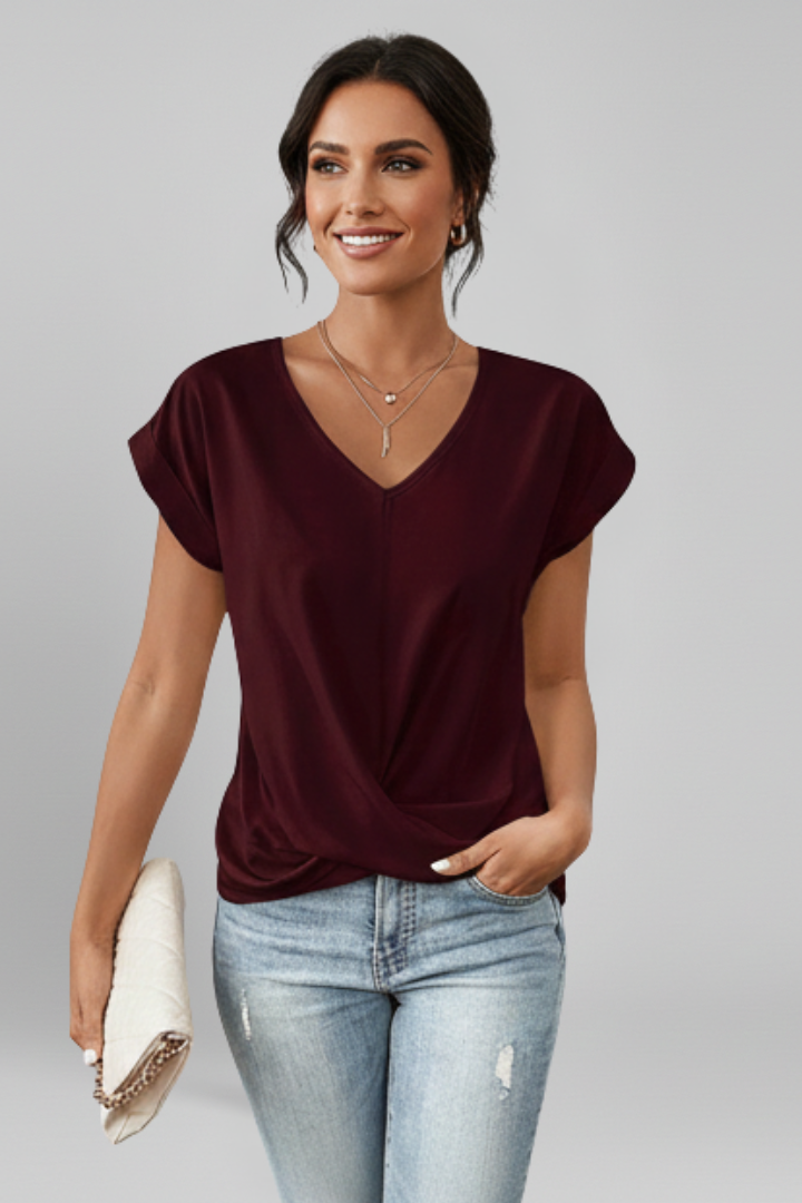 Tee Women V Neck Twist Front | Draped Cap Sleeve in Burgundy#colour_burgundy