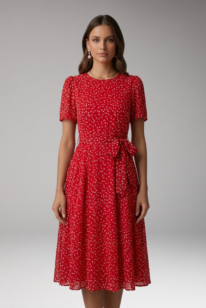 Floral Dress Ditsy Chiffon Midi | Round Neckline Short Sleeves Tie Waist in Red#colour_red