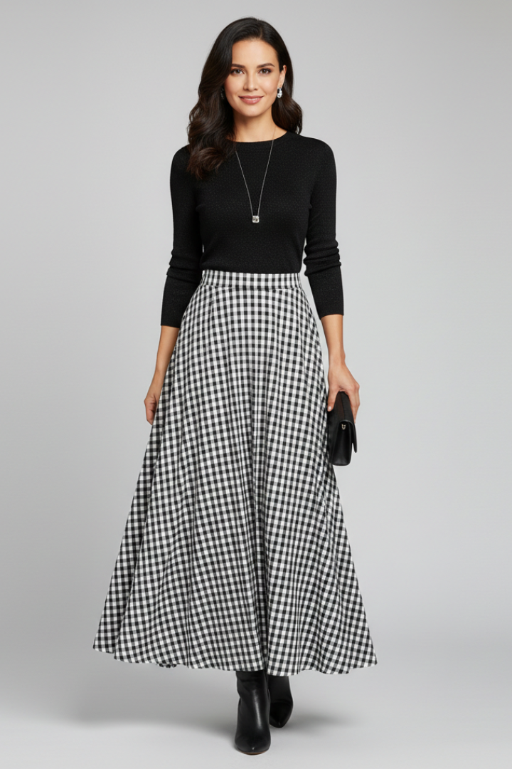 Maxi Skirt Women Gingham Check | Flared Cut on a Light Weave – Black #colour_black