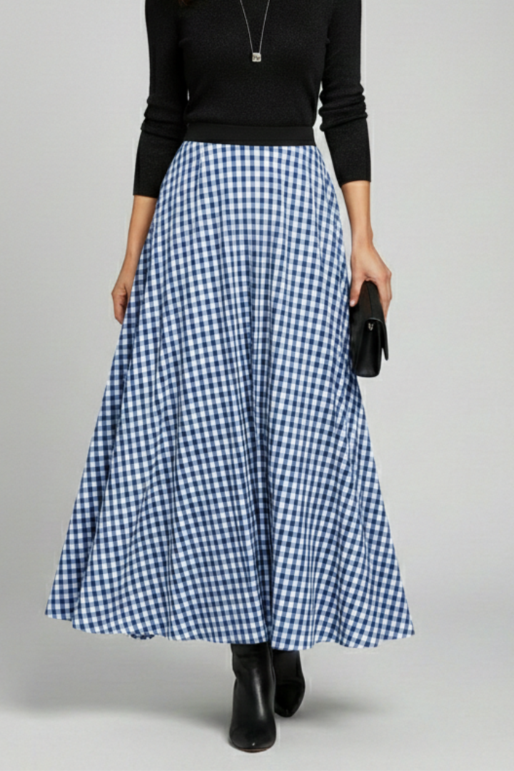 Maxi Skirt Women Gingham Check | Flared Cut on a Light Weave – Blue #colour_blue